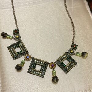 Ayalabar Green and Gold Square Pendant Necklace with Beaded Drops